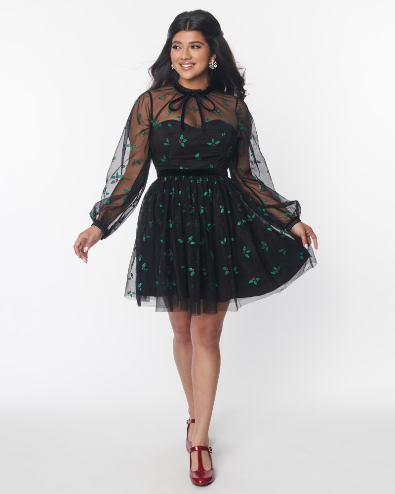 Front of a model wearing a size L Unique Vintage Black & Glitter Mistletoe Flare Dress in Black Glitter Mistletoe by Unique Vintage. | dia_product_style_image_id:316850